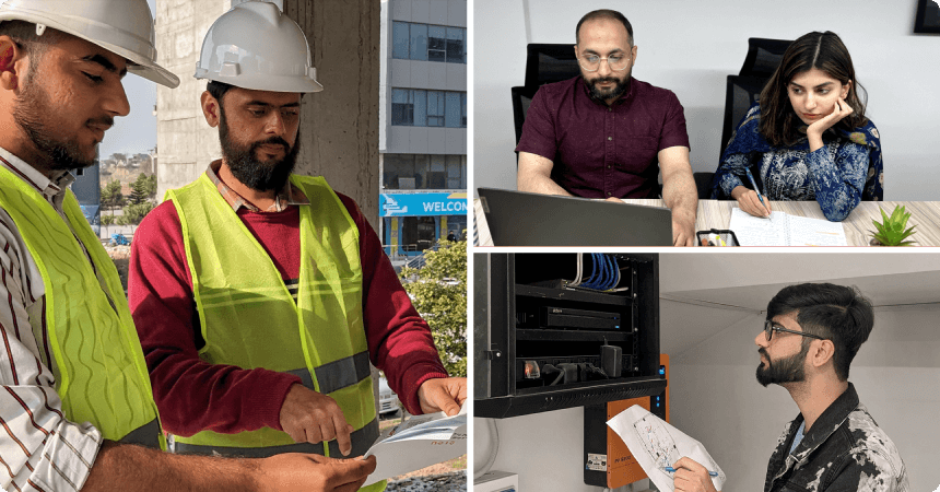 A collage of LantroTech's Electrical Estimation team at various settings.
