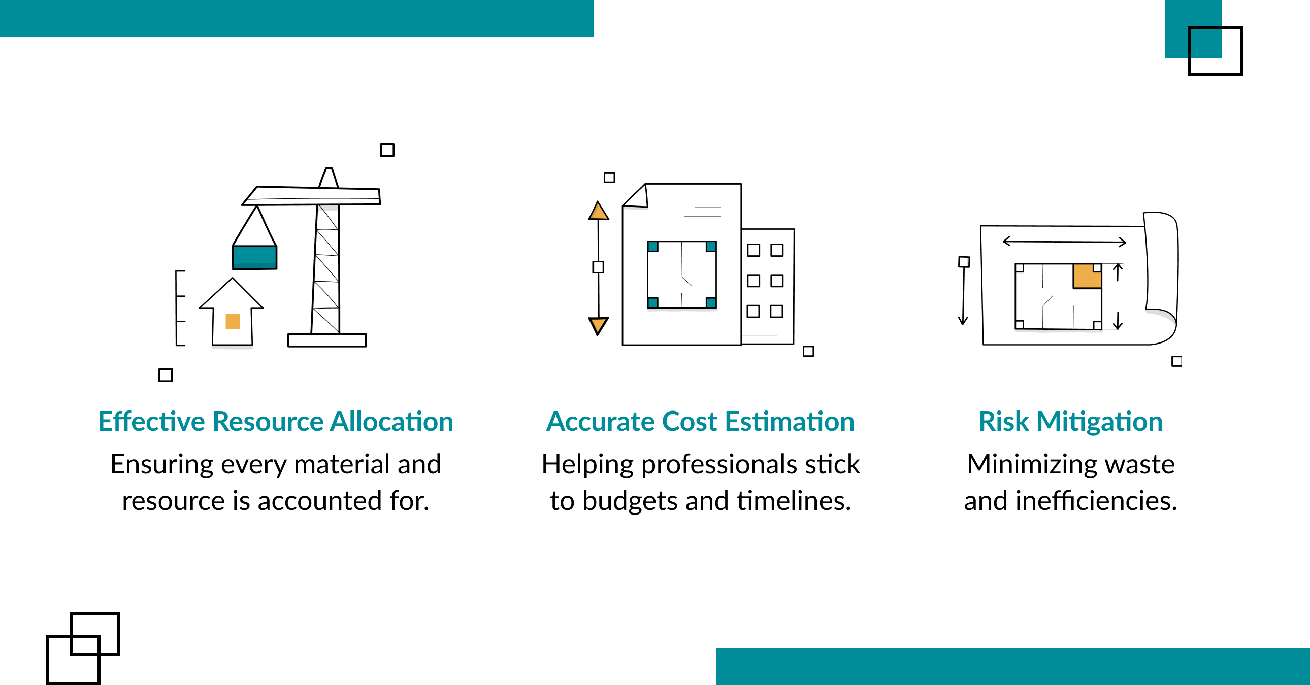 Illustration depicting the Quantity Takeoff (QTO) process in construction at Lantro, showcasing resource allocation, cost estimation, and risk mitigation through analyzing blueprints and extracting material quantities.